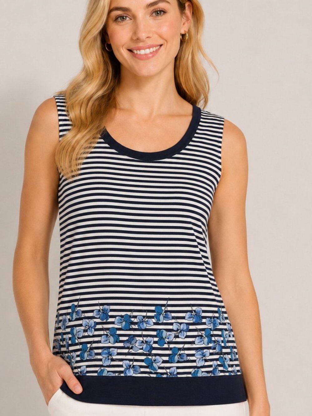 Tory Burch 100% Silk Floral Stripe Sleeveless Blouse Pleated Back Hem 6